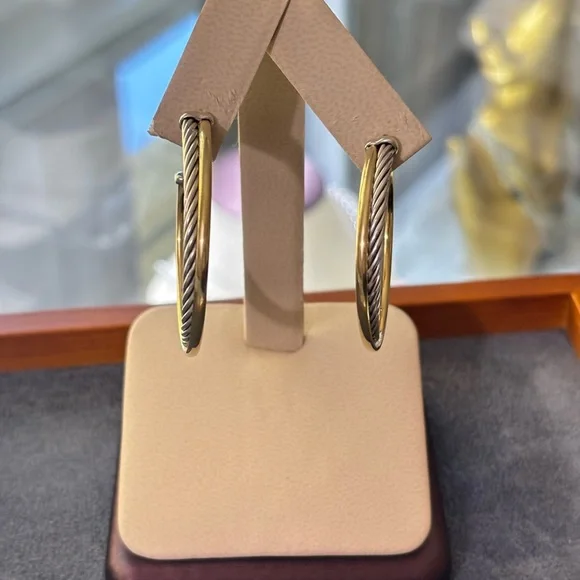 David Yurman 925 & 18k Gold Crossover Cable Hoop Earrings 1.75" - Picture 8 of 8
